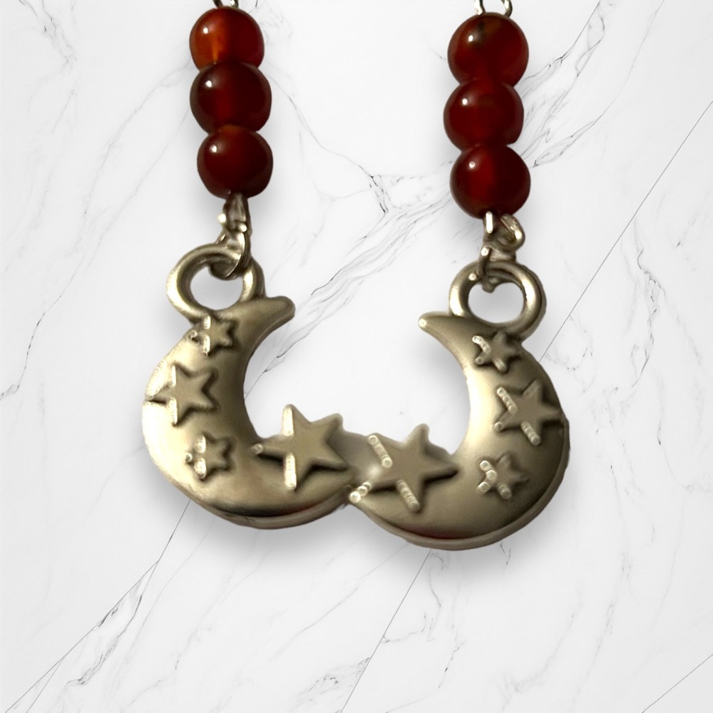 Hand Crafted Earrings Red Agate Moon & Star Dangle Pierced Silver Statem… - Picture 3 of 5